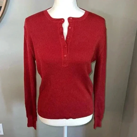 Ralph Lauren Ribbed Wool Red Henley Top Size L - Picture 1 of 7